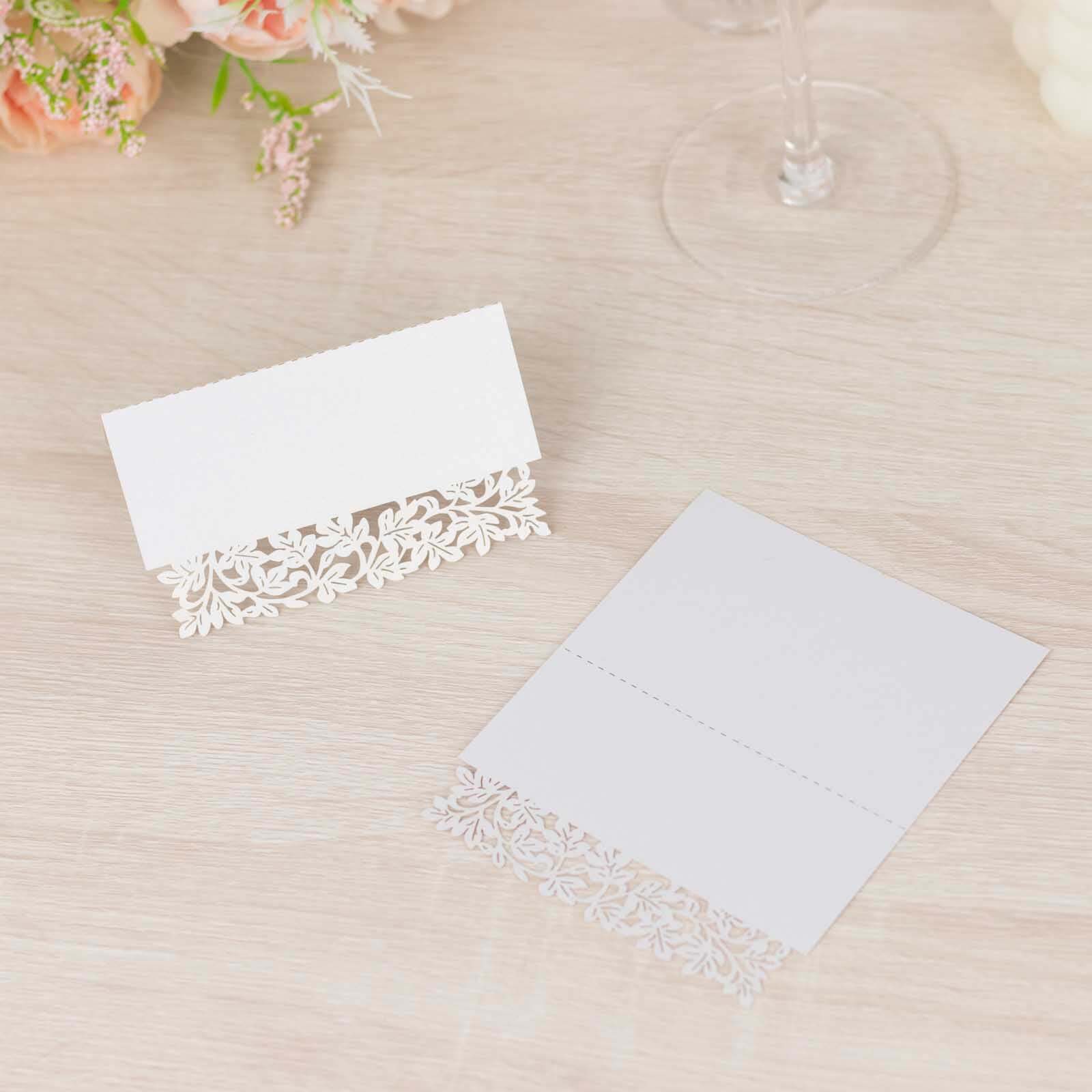 50-Pack Wedding Place Cards with Laser Cut Leaf Vine Design White - Printable Reservation Seating Tent Cards 210 GSM