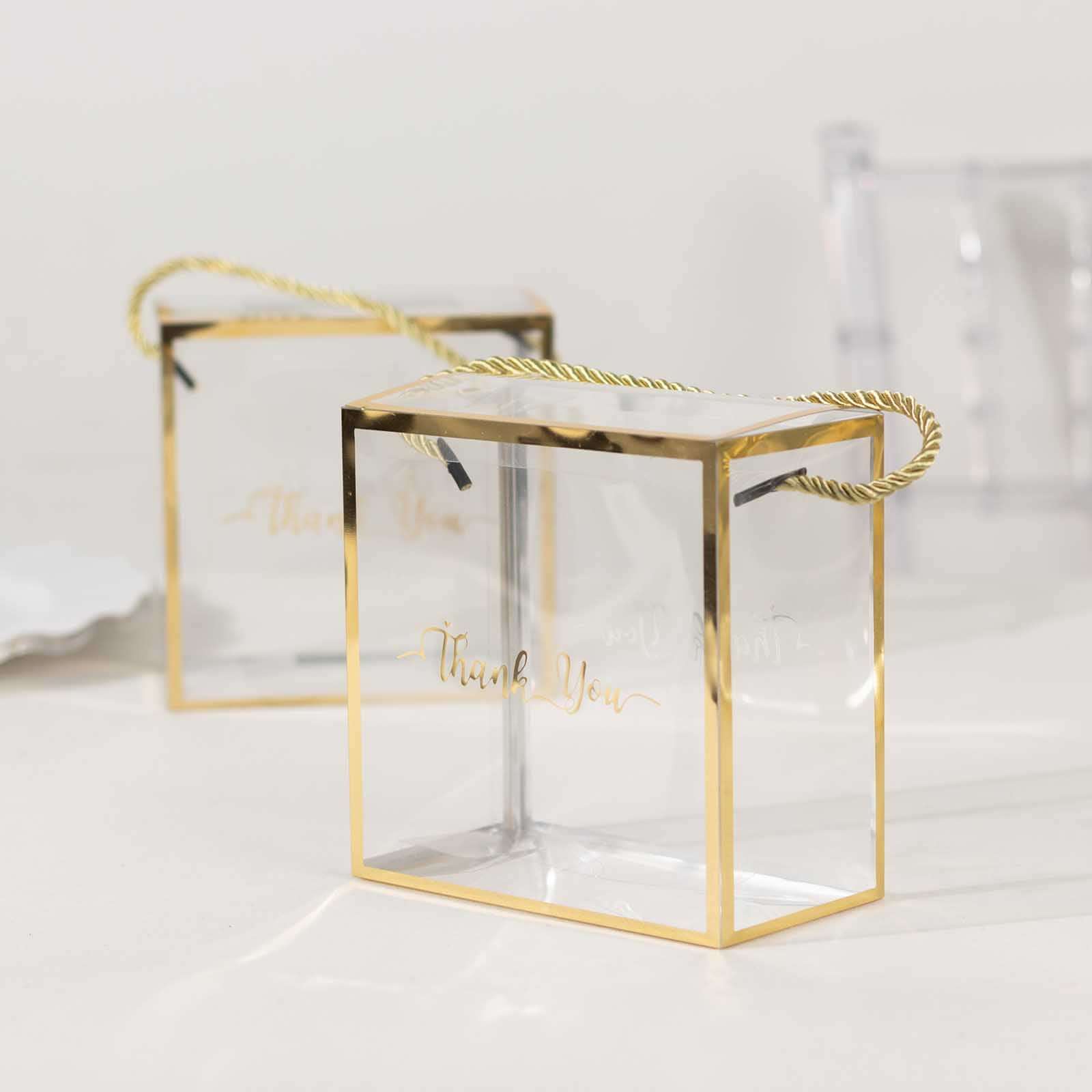 25 Pack Gold Trimmed Clear PVC Gift Boxes with Rope Handles and Thank You Print, Transparent Portable Candy Favor Boxes - 5.5"x5.5"