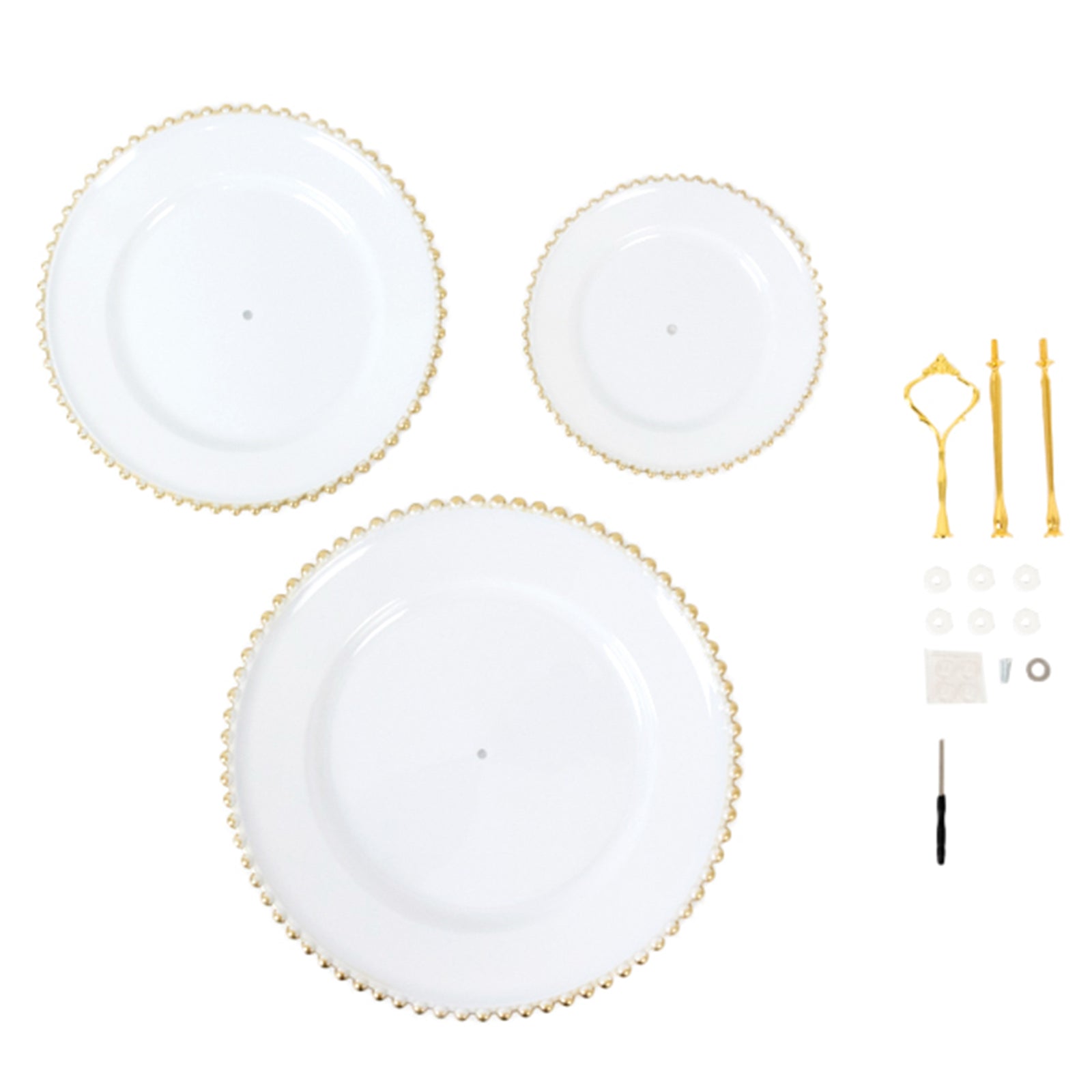 14" White 3-Tier Plastic Dessert Display Stand With Gold Beaded Rim, Round Cupcake Tower Tea Party Serving Platter With Top Handle