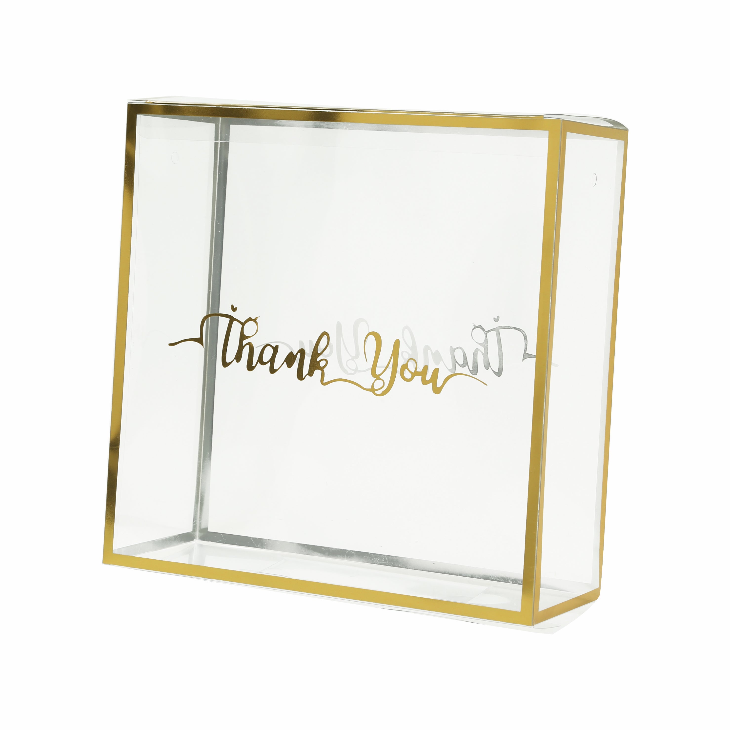 25 Pack Gold Trimmed Clear PVC Gift Boxes with Rope Handles and Thank You Print, Square Transparent Portable Candy Favor Boxes - 8"x8"