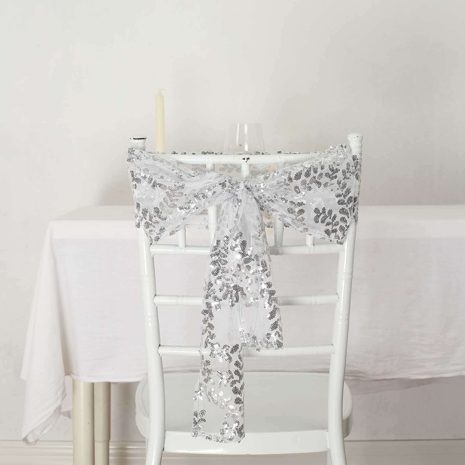 5 Pack Tulle Chair Sashes with Leaf Vine Embroidered Sequins Silver 6"x88"