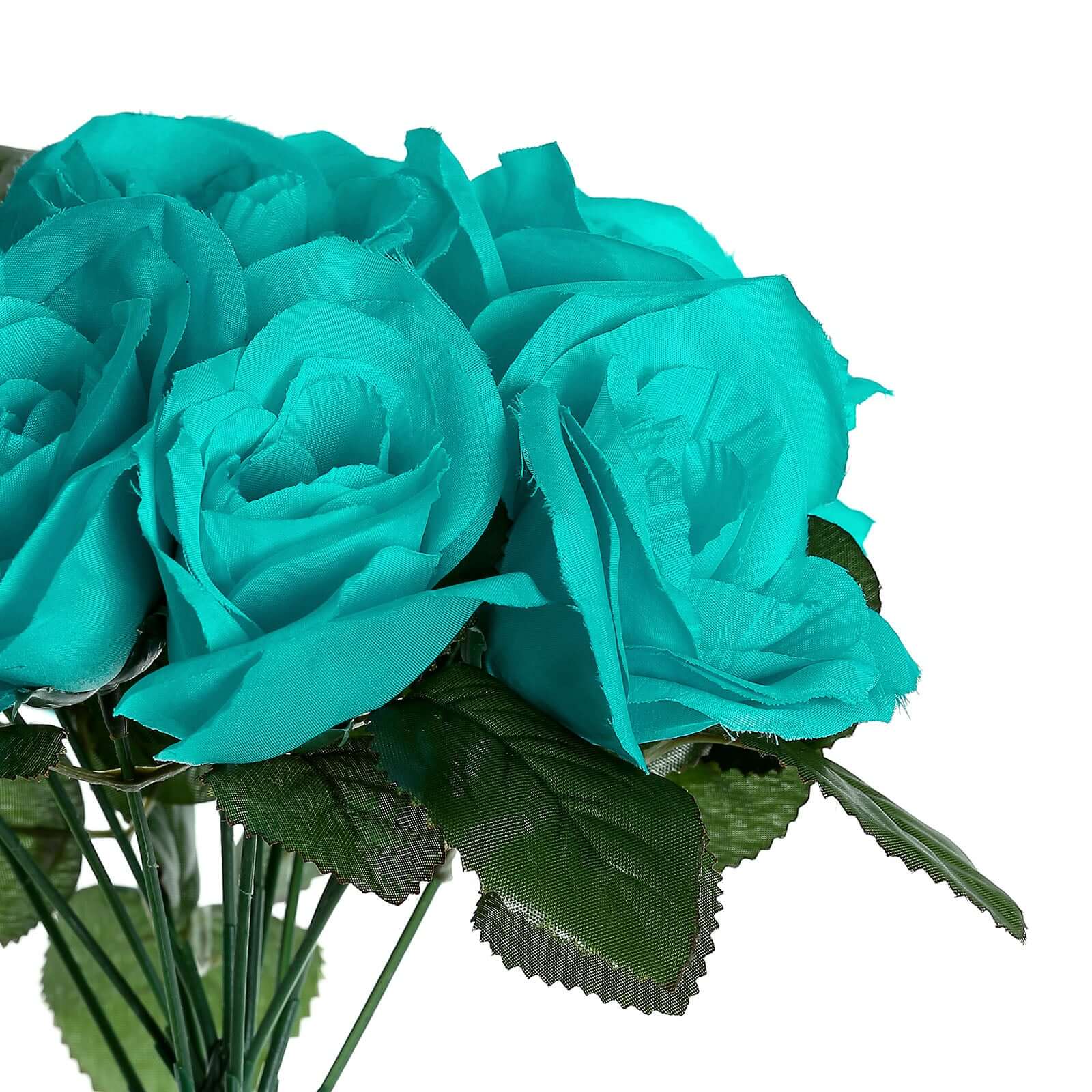 12" Turquoise Artificial Velvet-Like Fabric Rose Flower Bouquet Bush