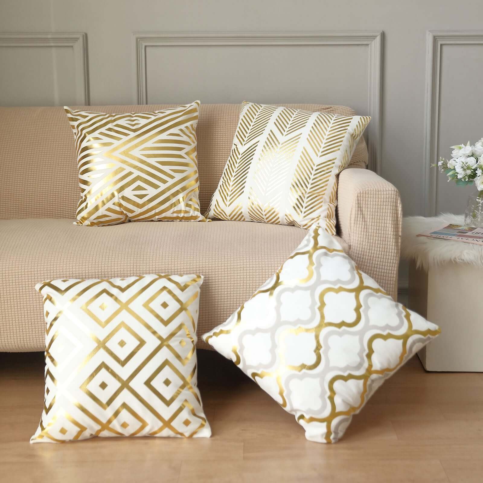 Set Of 4 18" White Gold Foil Geometric Print Throw Pillow Covers, Velvet Square Sofa Cushion Covers