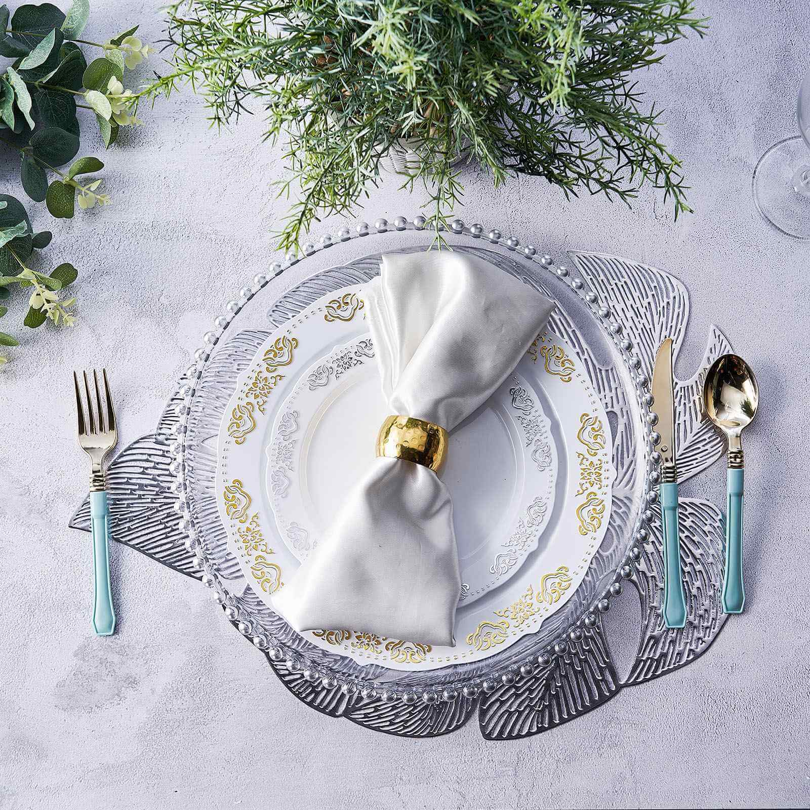 6-Pack Dining Table Mats Monstera Leaf Design Silver - Vinyl Non-Slip Surface for Tropical Themes 18"