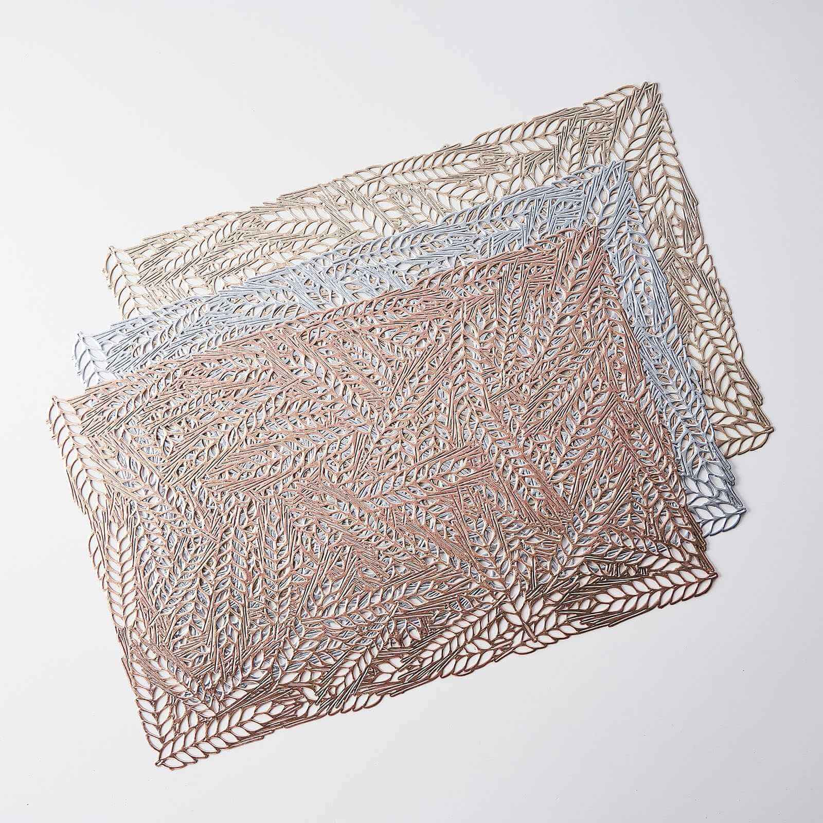 6-Pack Table Mats Wheat Design Rose Gold - Vinyl Rectangle Non-Slip Surface for Stylish Settings 12"x18"