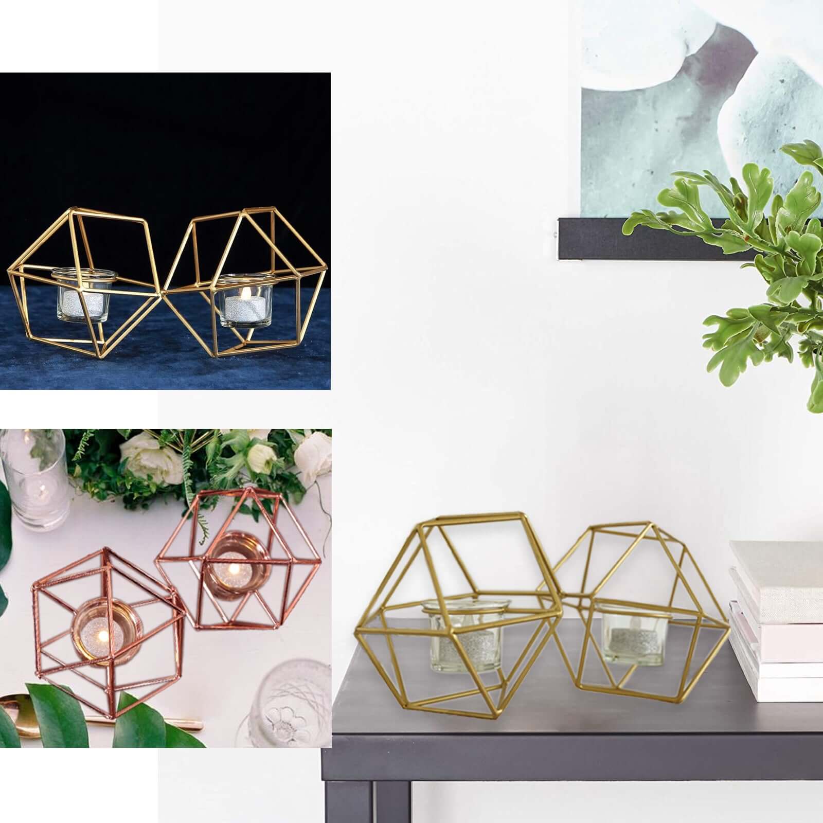 Set of Metal Candle Holders Linked Geometric Design Rose Gold - Modern Table Decor with Votive Glass for Gatherings 11"