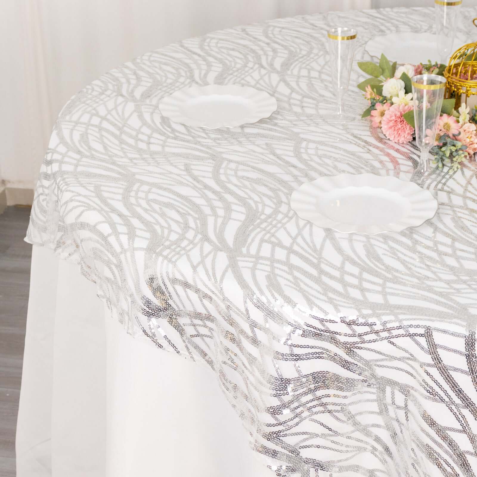 Mesh 72"x72" Table Overlay Square Tablecloth Silver - Wave Embroidered Sequins Table Topper