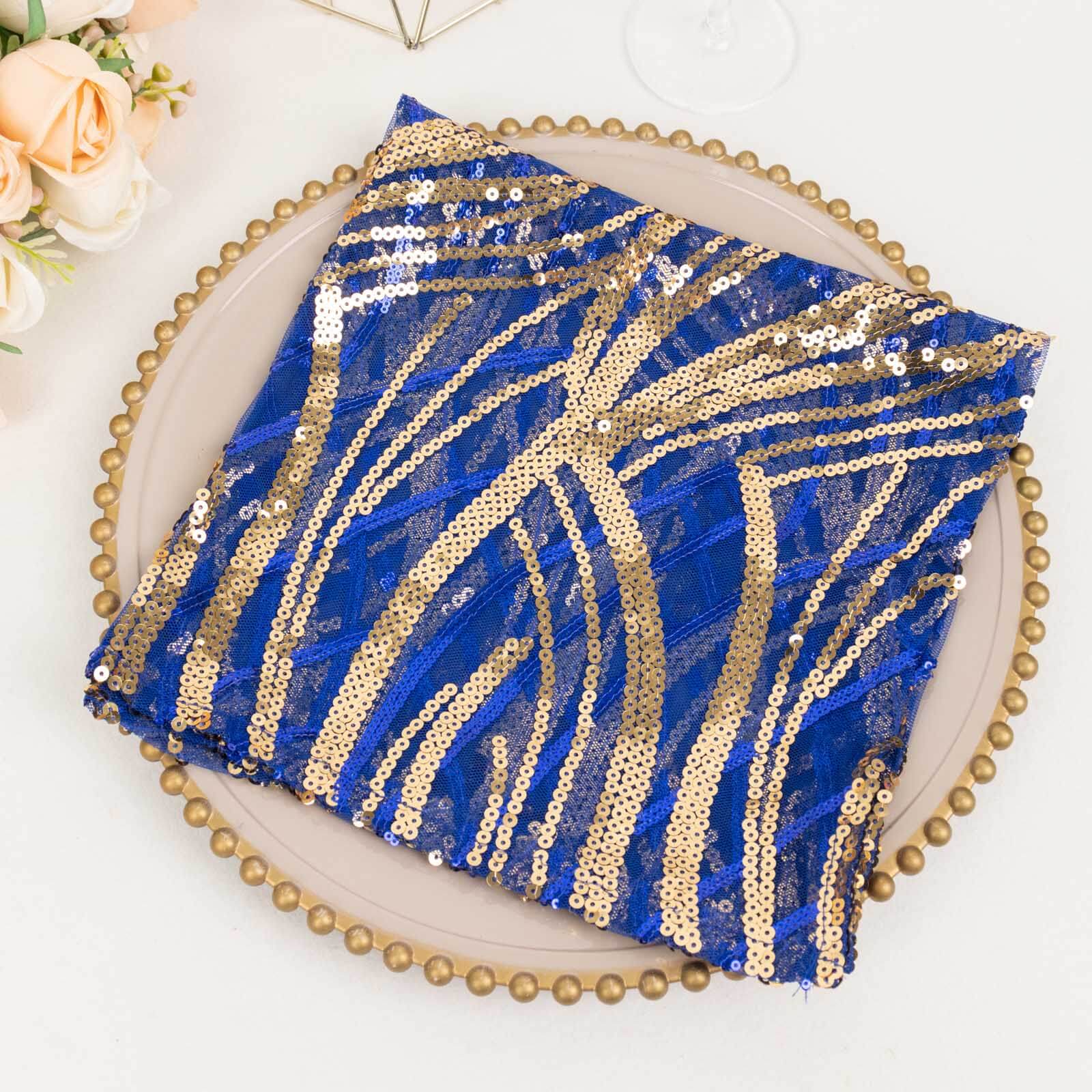 Sequin Mesh 20"x20" Napkin Royal Blue Gold - Wave Embroidered Reusable Napkin