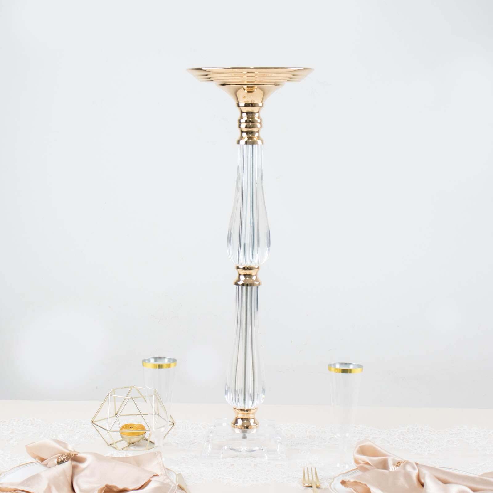 Acrylic Crystal Pillar Candle Stand Gold/Clear - Table Centerpiece and Wedding Flower Bowl Pedestal 24"
