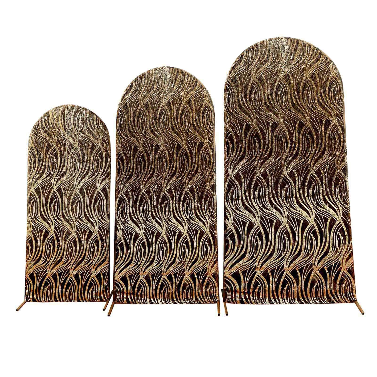 Set of 3 Black Wave Mesh Chiara Wedding Arch Covers With Gold Embroidered Sequins, Fitted Covers For Round Top Backdrop Stands - 5ft,6ft,7ft