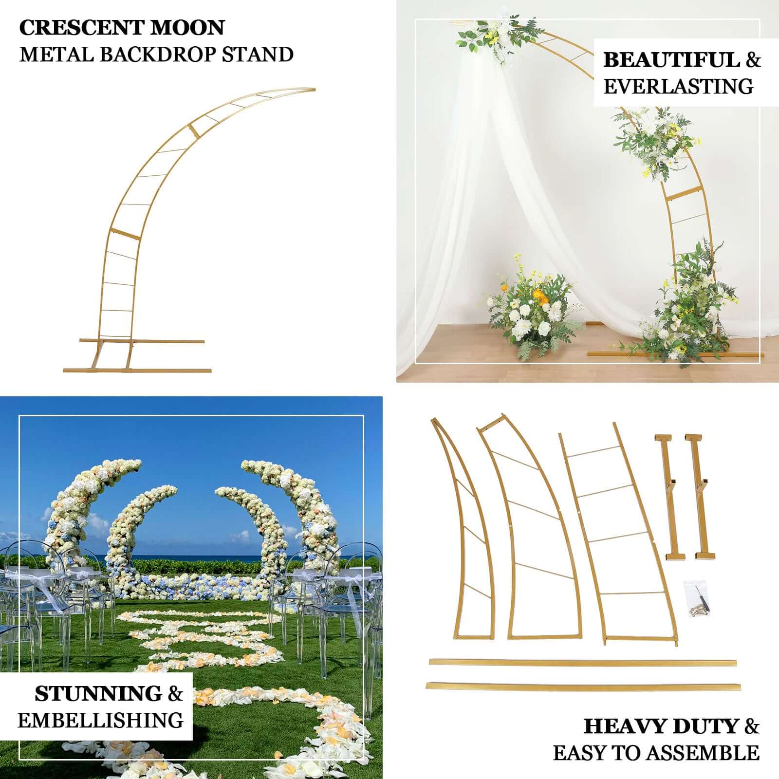 8ft Gold Metal Half Crescent Moon Wedding Arbor Frame, Curved Design Arch Flower Balloon Stand