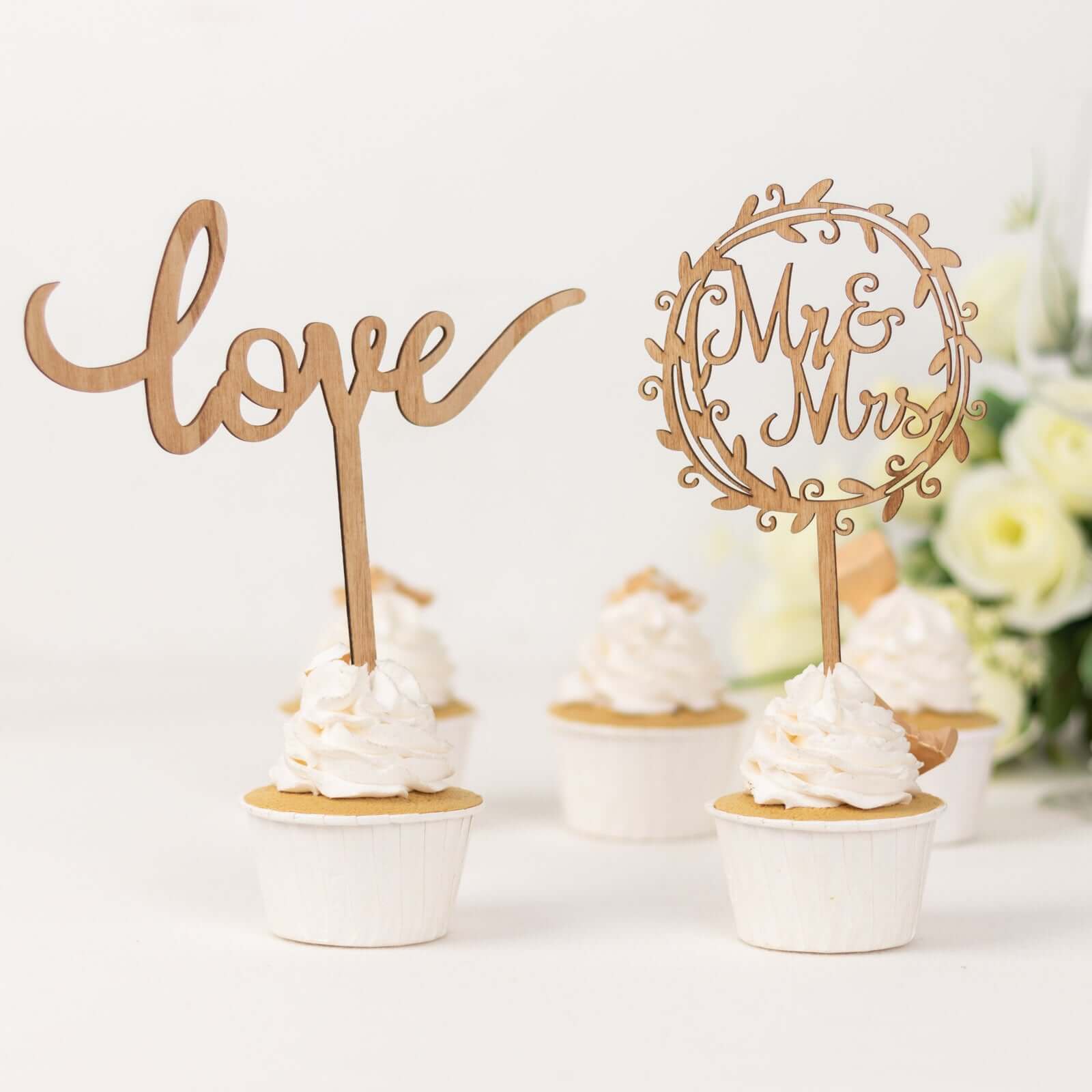 Set of 2 Wooden Cake Toppers Mr & Mrs and Love Design Natural - Rustic Wedding Cupcake Decorations