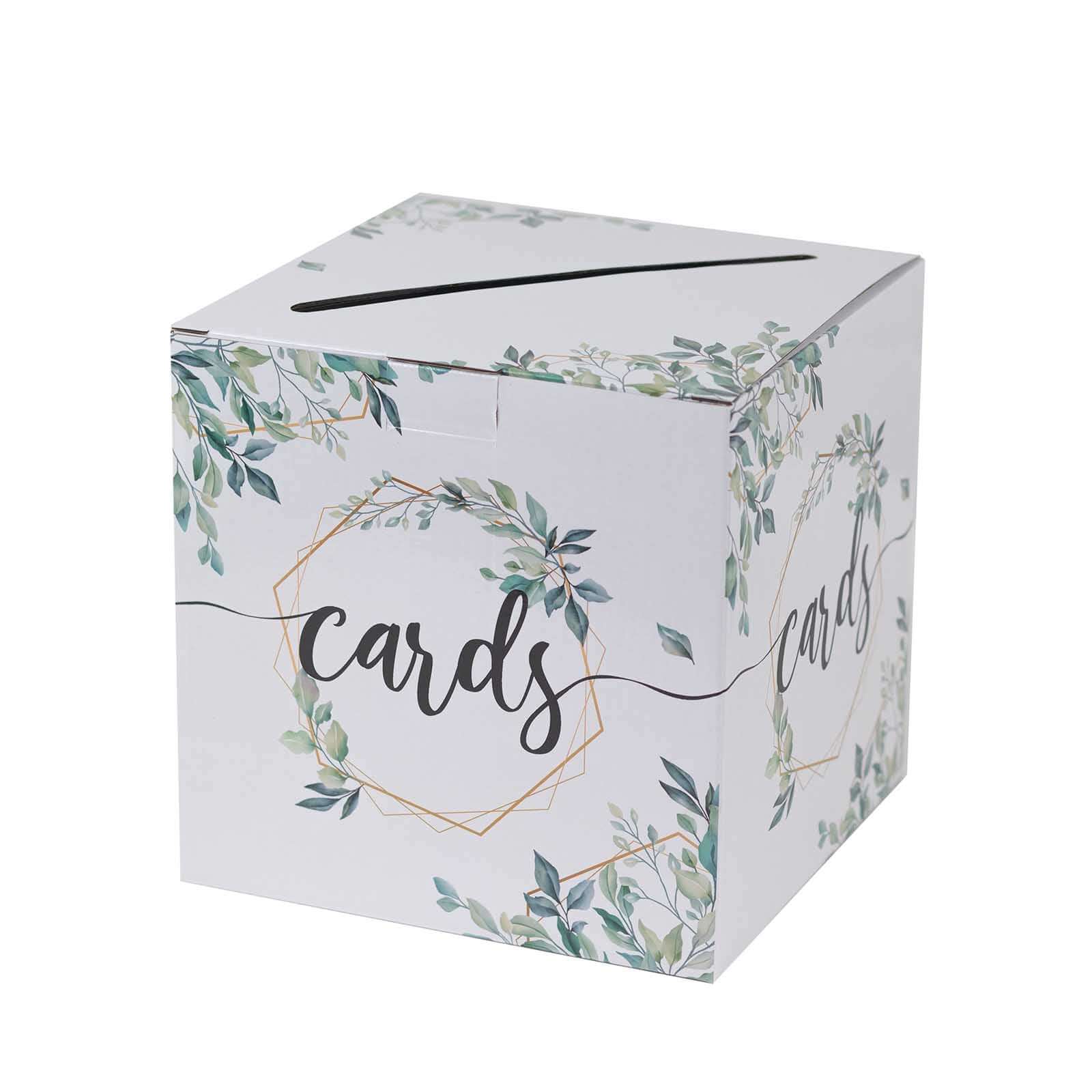 Greenery Theme Wedding Reception Gift Card Box with Geometric Gold Foil Print, Collapsible Money Card Box - 8"x8"