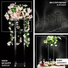 Acrylic Flower Vase Pillar Stand with Square Mirror Base Clear - Stylish Wedding Table Centerpiece 16"