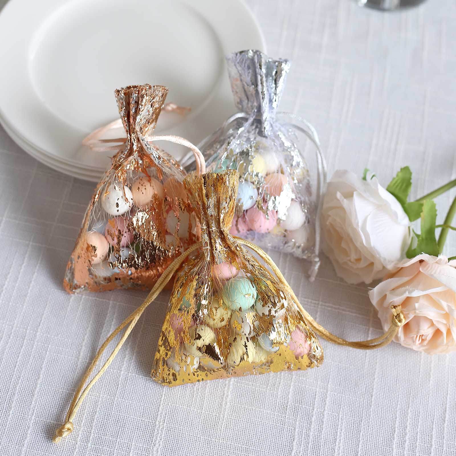 12 Pack Metallic Gold Foil Polyester Drawstring Candy Bags, Wedding Party Favor Bags - 4"x5"