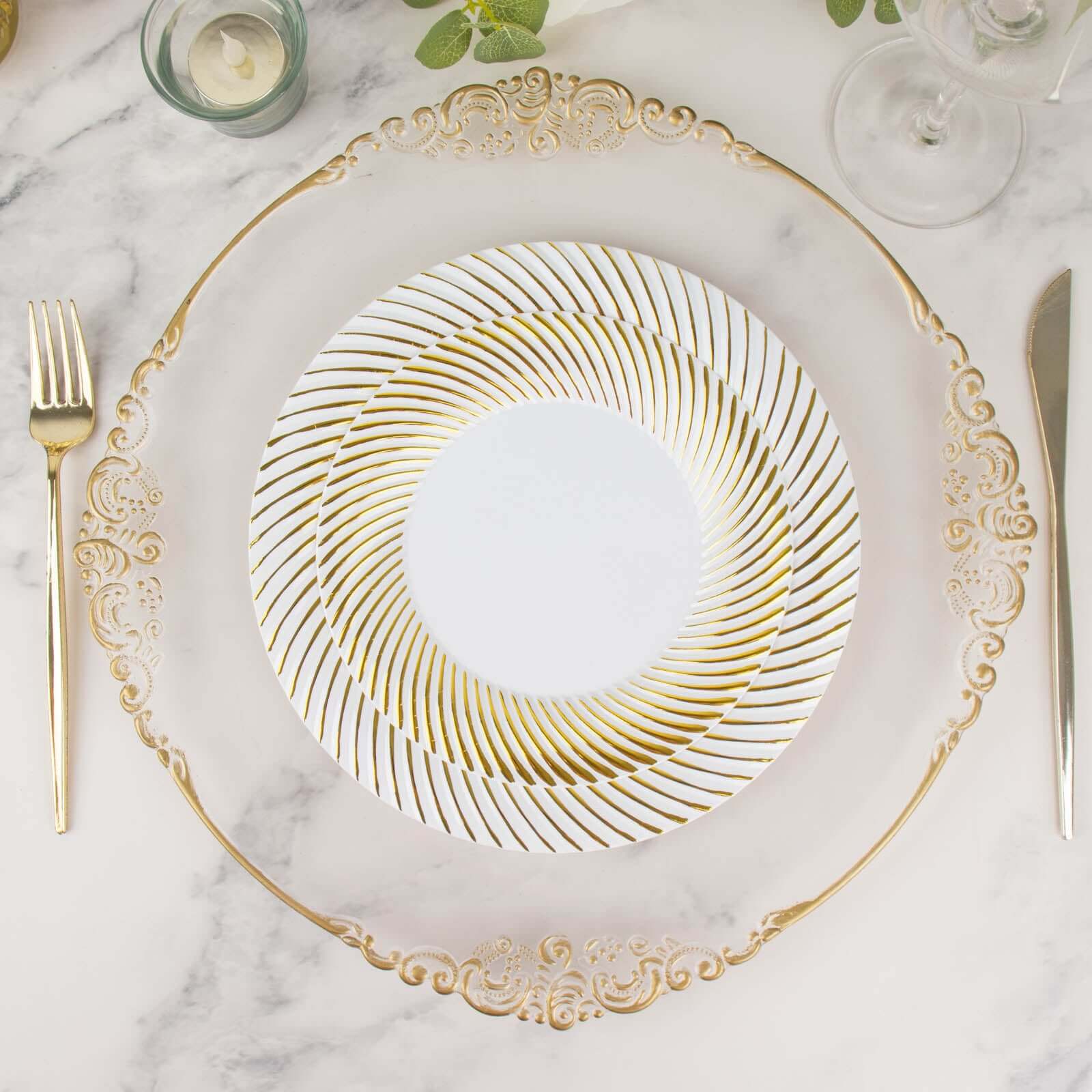 10-Pack Plastic 9" Round Dinner Plates White with Gold Swirl Rim - Disposable Party Plates