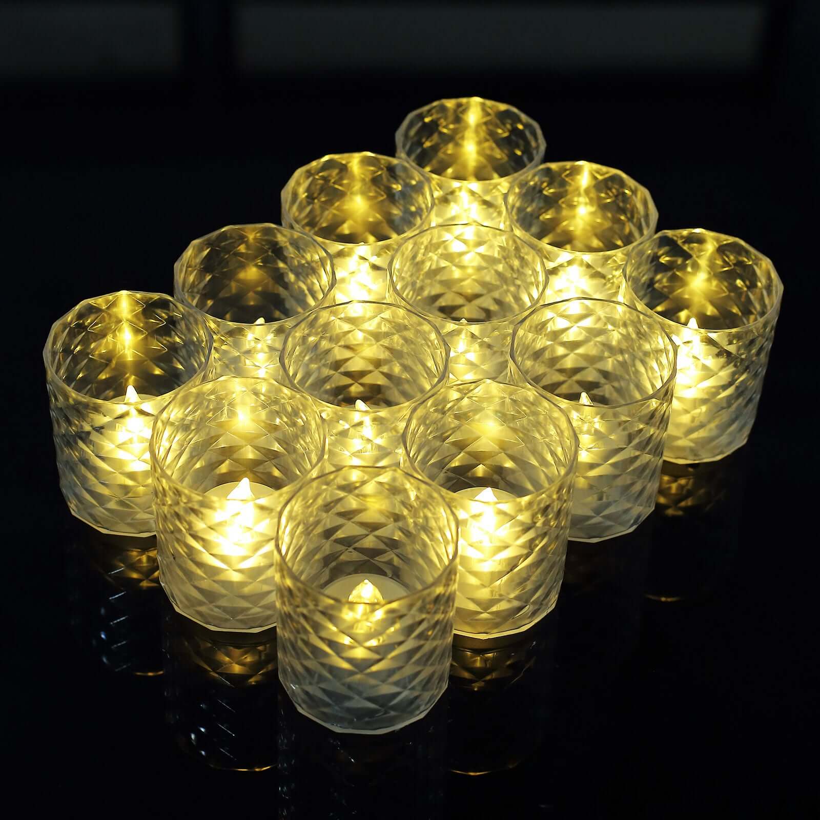 12-Pack LED Tealight Candle Holders Whiskey Glass Design Clear - Warm White Battery Operated Lights 3"