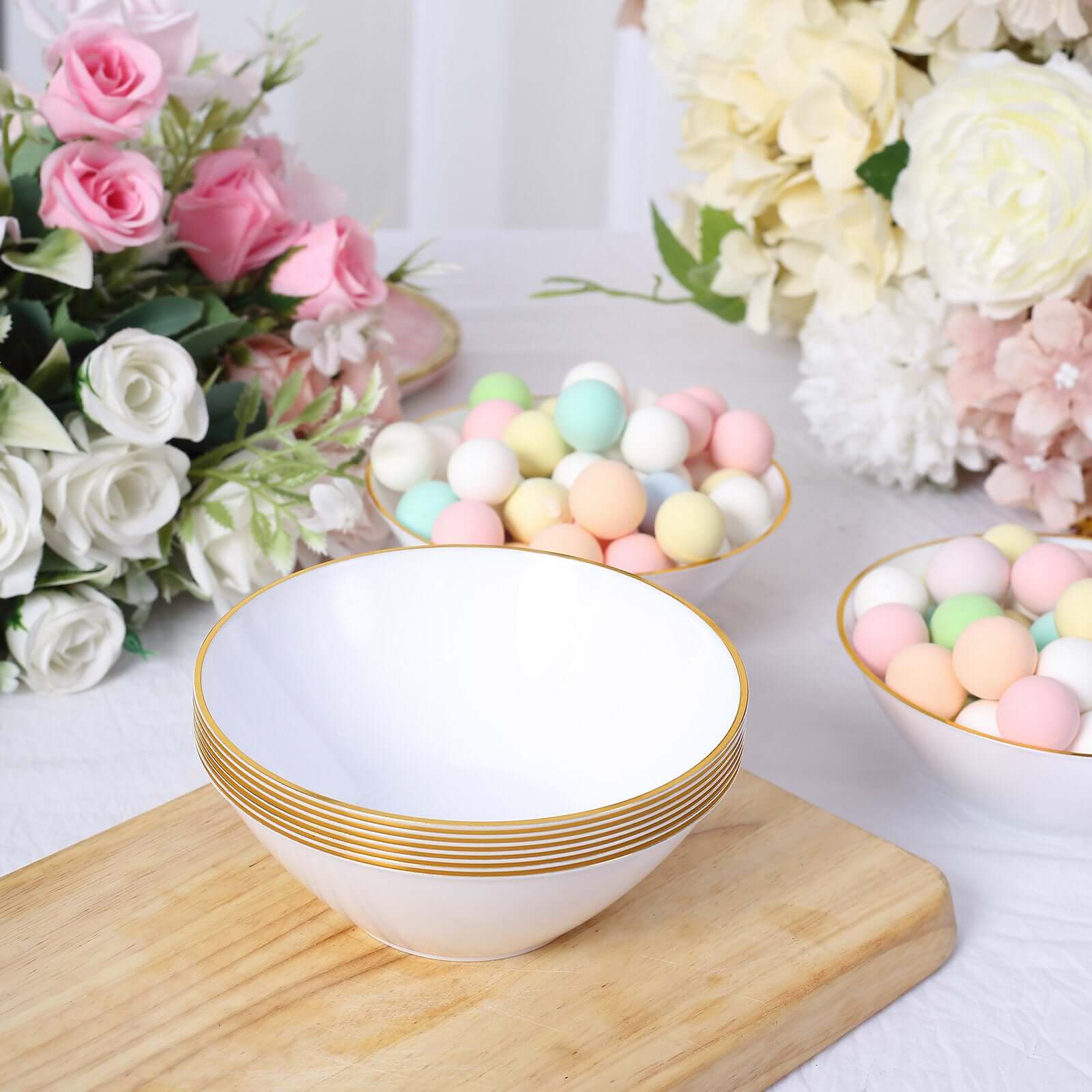 24-Pack Heavy Duty Plastic Ice Cream Bowls Glossy White Gold Rim Premium - Great for Events 7oz