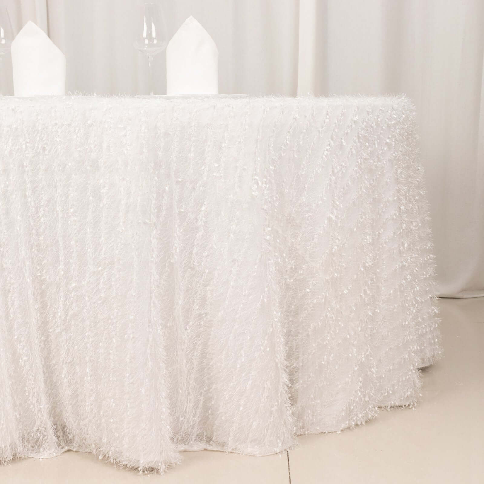 Polyester 120" Round Tablecloth White with Shaggy Fringe Design - Exquisite Table Cover