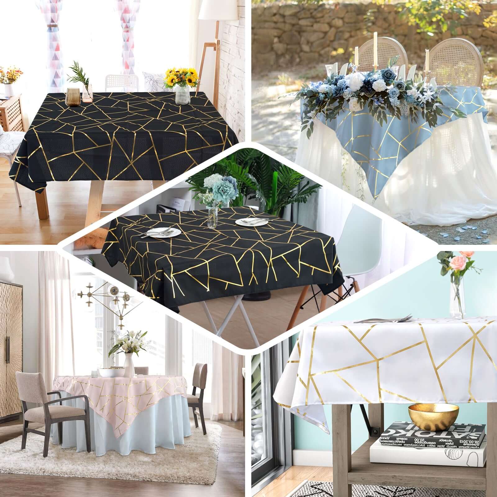 Polyester 54"x54" Square Tablecloth White with Gold Foil Geometric Pattern - Wrinkle-Resistant & Durable for Stylish Settings
