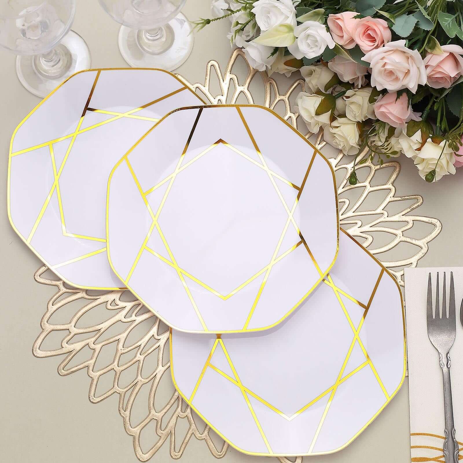 10-Pack Plastic 8" Octagon Dessert Plates in White - Modern Disposable Salad/Appetizer Plates with Gold Geometric Design for Special Occasions & Celebrations