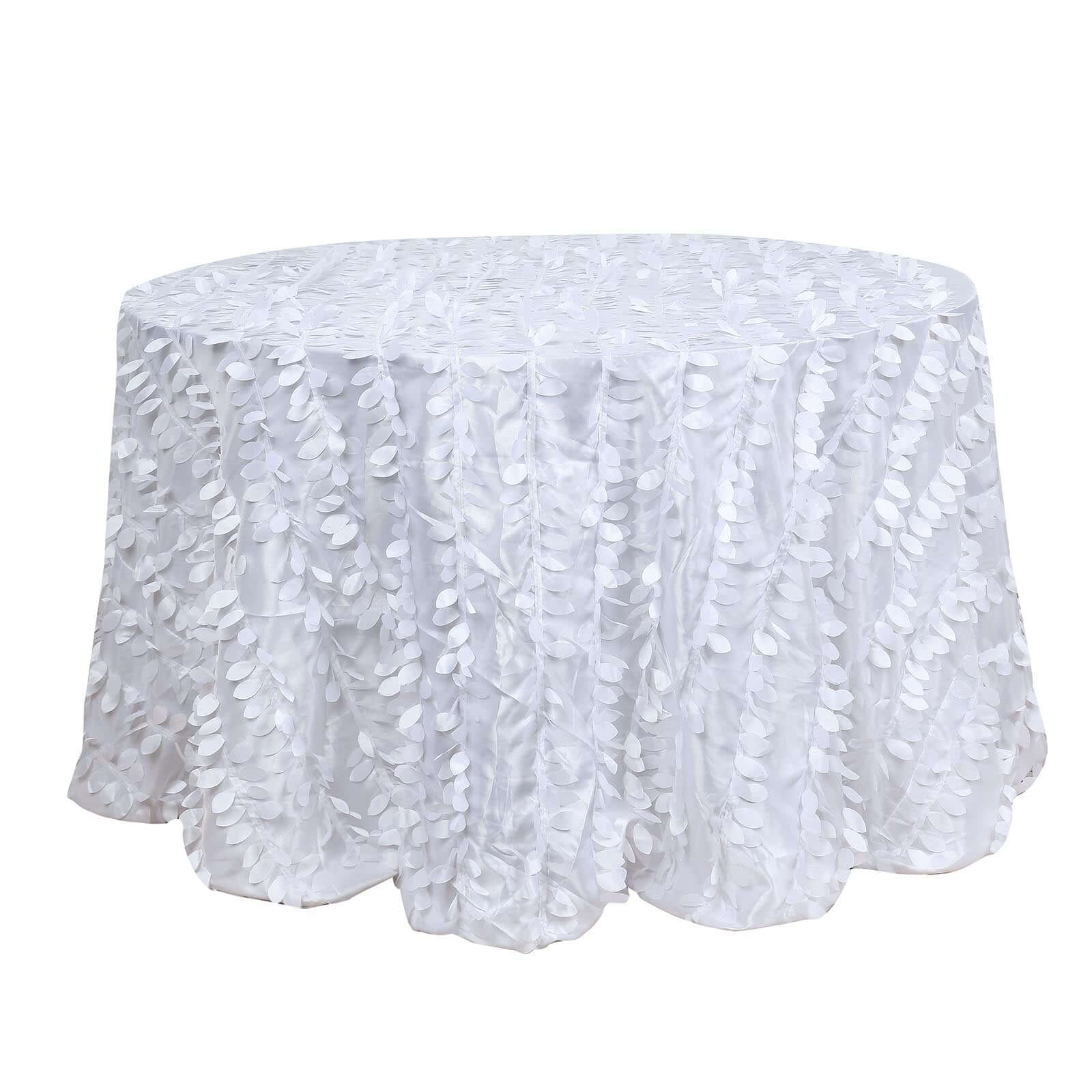 Taffeta 132" Round Tablecloth White 3D Leaf Petal Design Seamless Table Cover for Chic Wedding & Event Decor