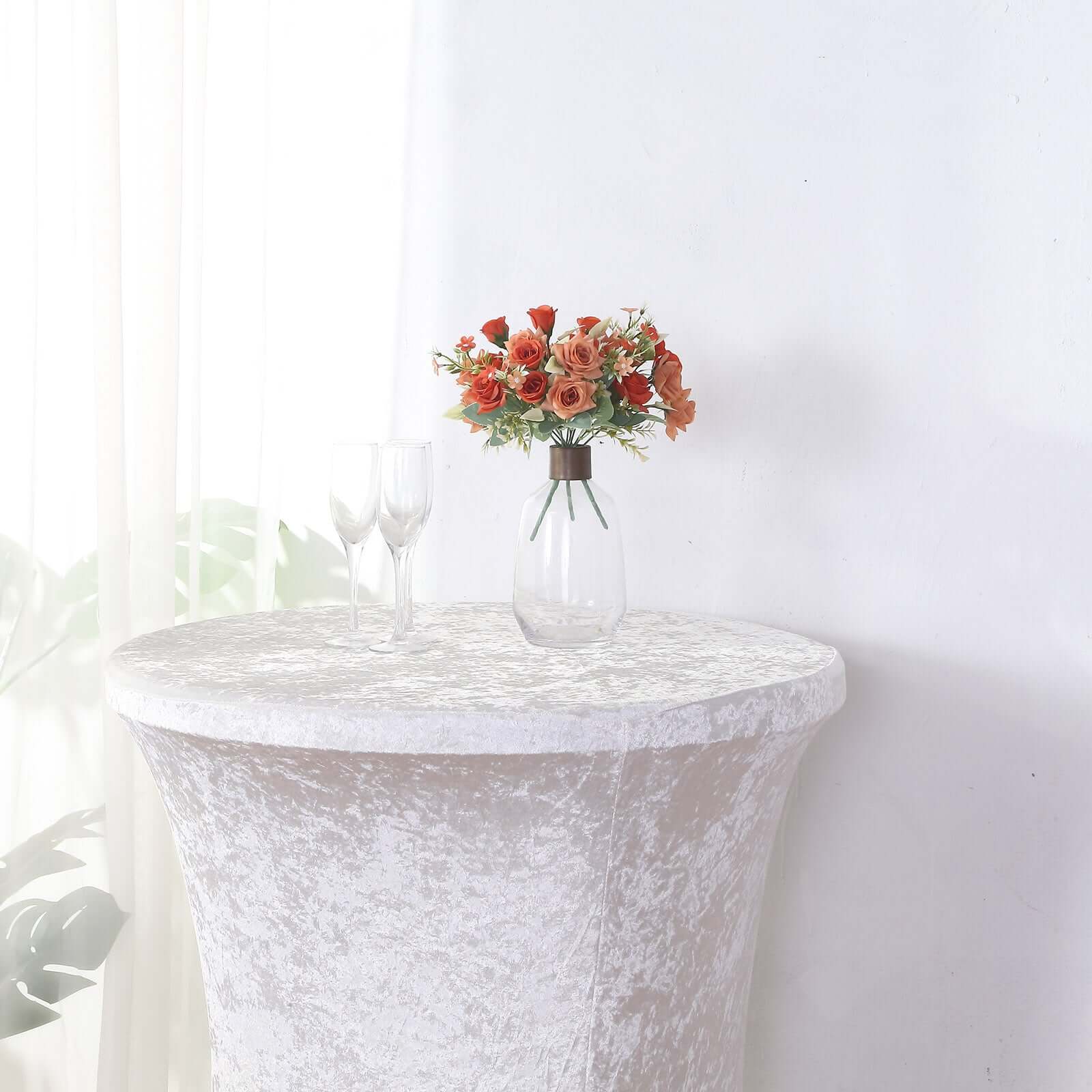 Crushed Velvet Spandex 30" Round Cocktail Table Cover White Smooth Highboy Tablecloth