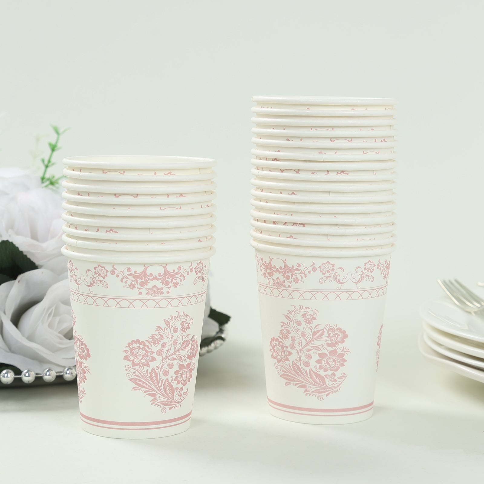 24 Pack Disposable Paper Cups in White Pink Damask Floral Pattern, Elegant Party Cups - 9oz