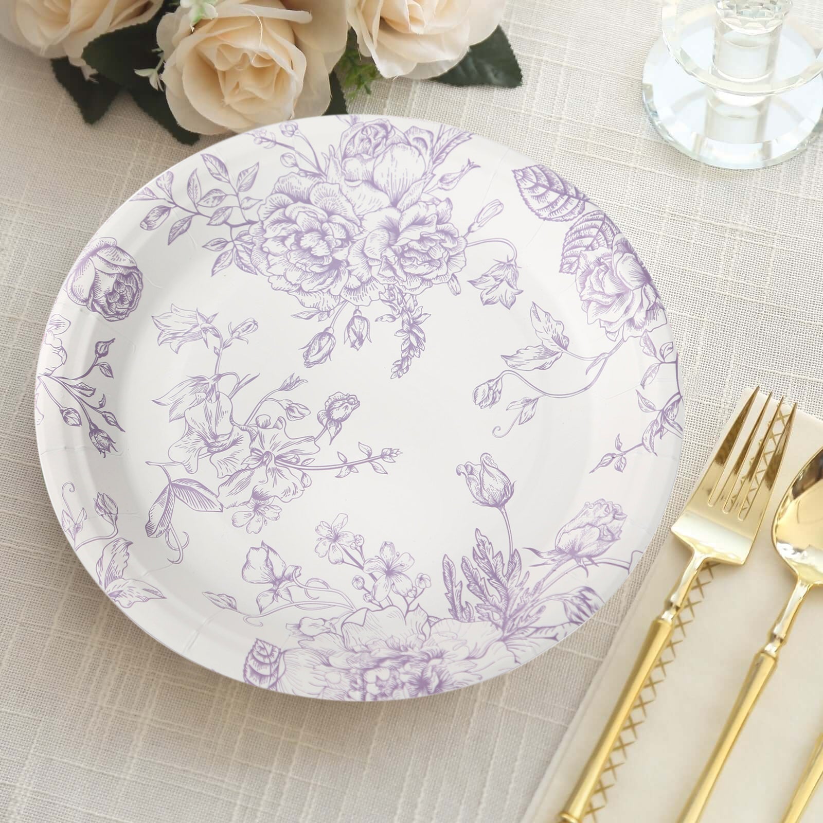 25-Pack Paper 9" Round Dinner Plates in White with Matte Lavender French Toile Pattern - Disposable Floral Party Plates
