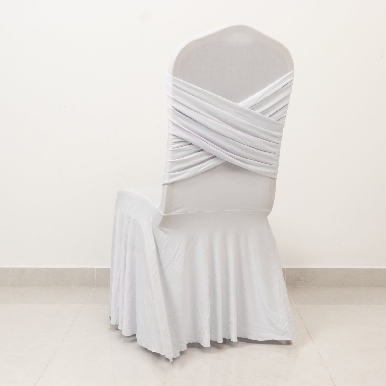 White Spandex Banquet Chair Cover with Ruffle Skirt & Cross Back Sash – Stretch Slipcover for Events