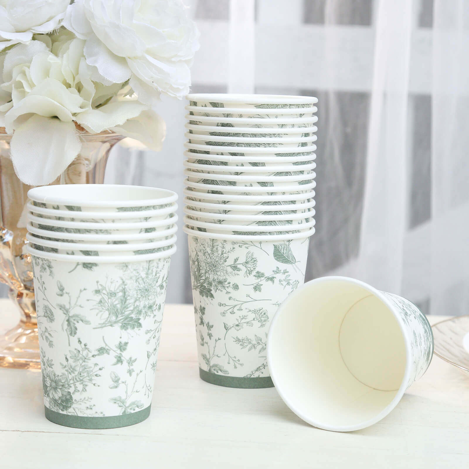 24 Pack Disposable Paper Cups in White Sage Green French Toile Pattern, Elegant Party Cups - 9oz