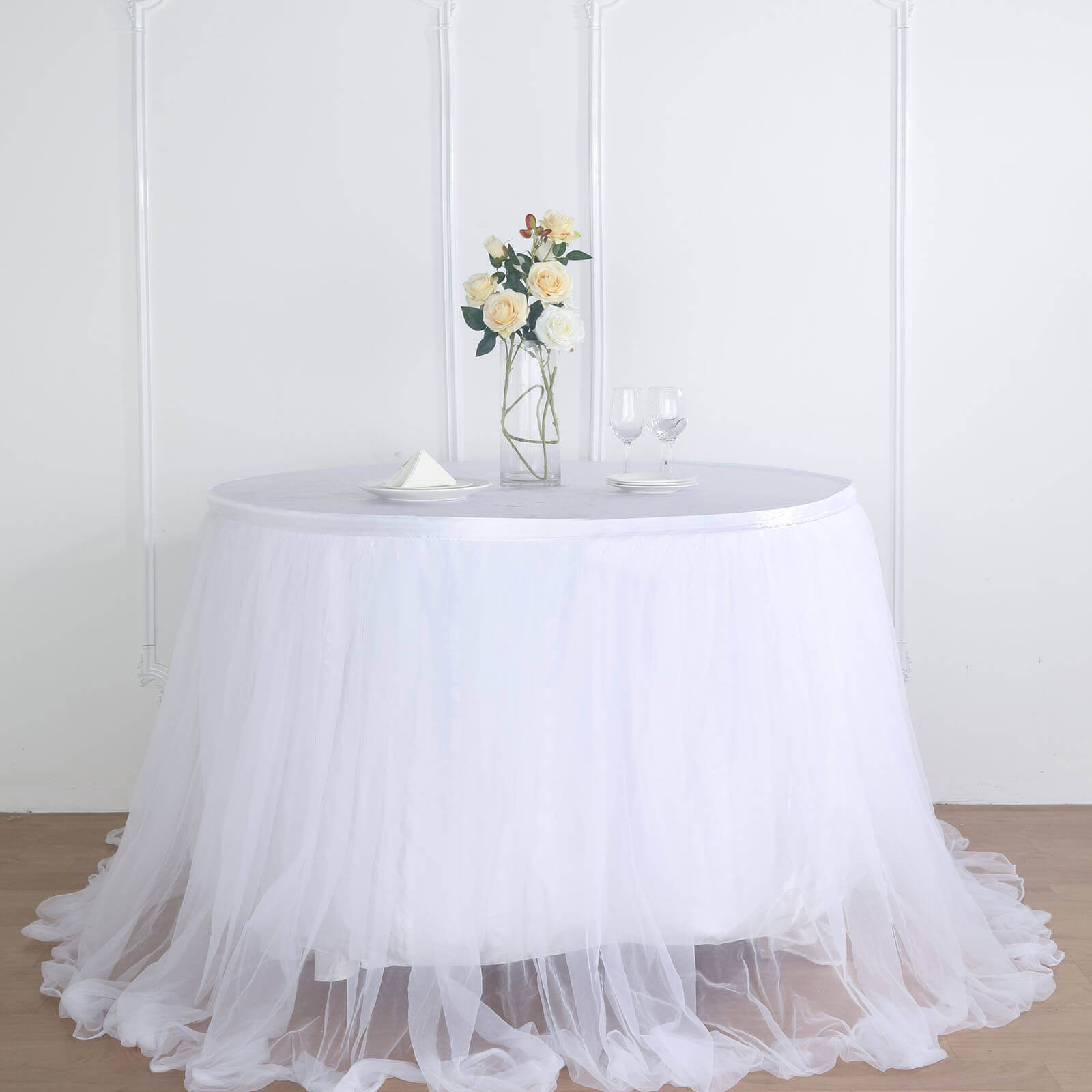 Extra Long Tulle 17ft Table Skirt White with Satin Edge - Table Cover for Baby Showers & Events