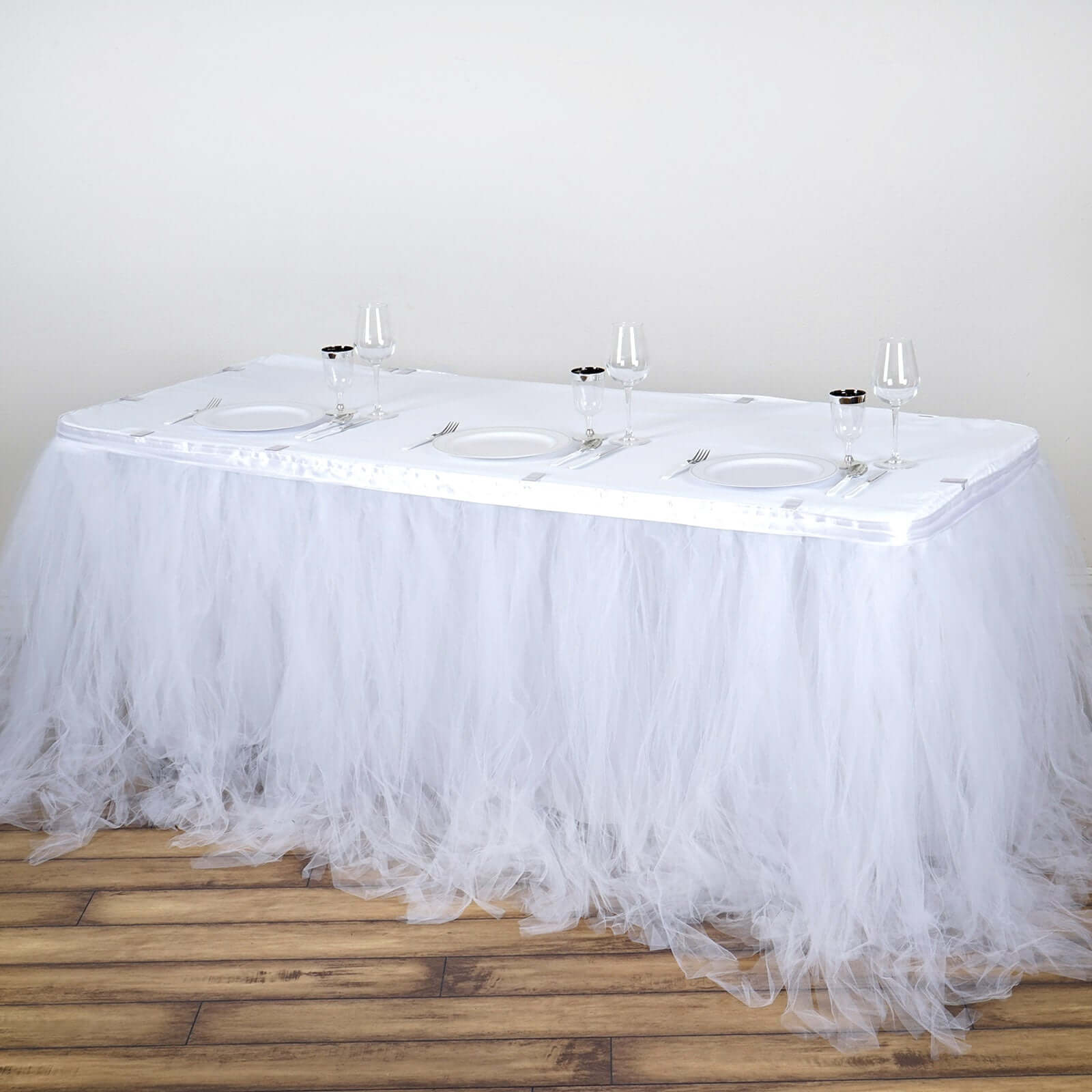 Tulle 17ft Table Skirt White - 4 Layer Pleated Tutu Chic & Soft Event Table Cover