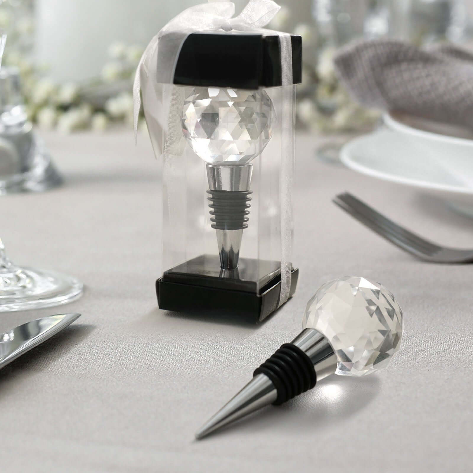 Crystal Glass Ball Metal Wine Bottle Stopper Plug Party Favor Gift Box - Clear Box, Thank You Card, and Ribbon Included