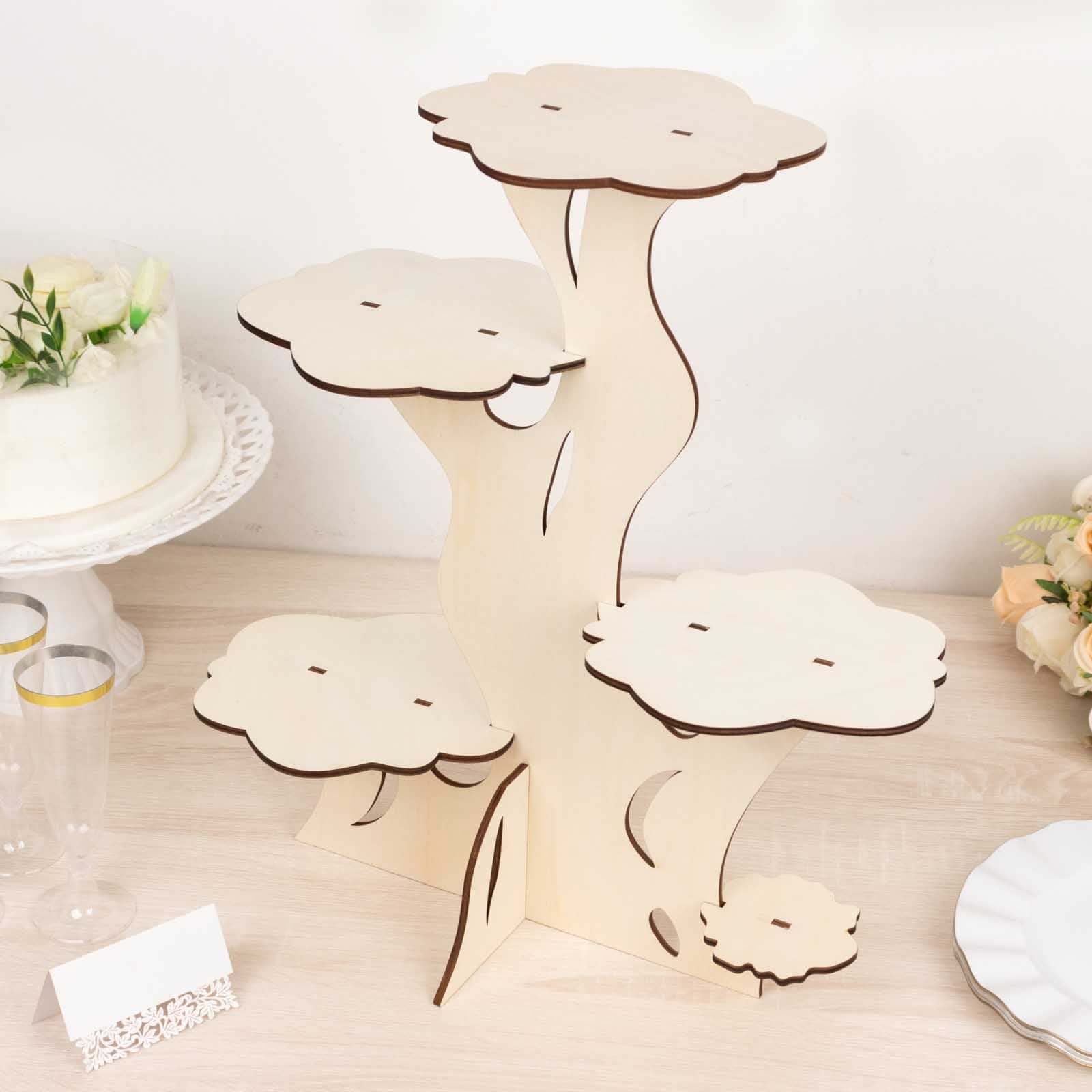 5-Tier Wooden Cake Stand Natural Tree Tower Design with Laser Cut Details - Rustic Cupcake Dessert Display 19" Tall
