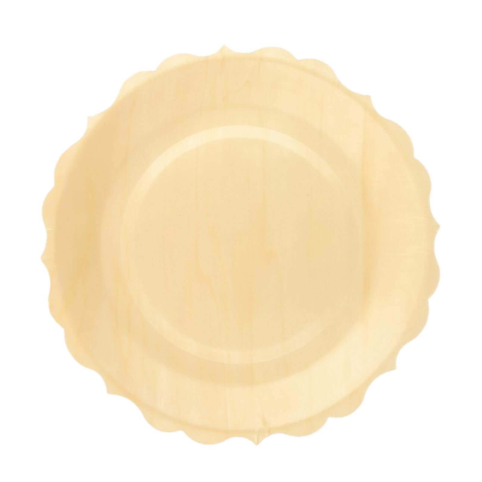 12-Pack Birchwood 9" Round Dinner Plates in Natural with Scalloped Rim - Eco Friendly Wooden Disposable Plates for Farmhouse-Style Events, Parties & Gatherings