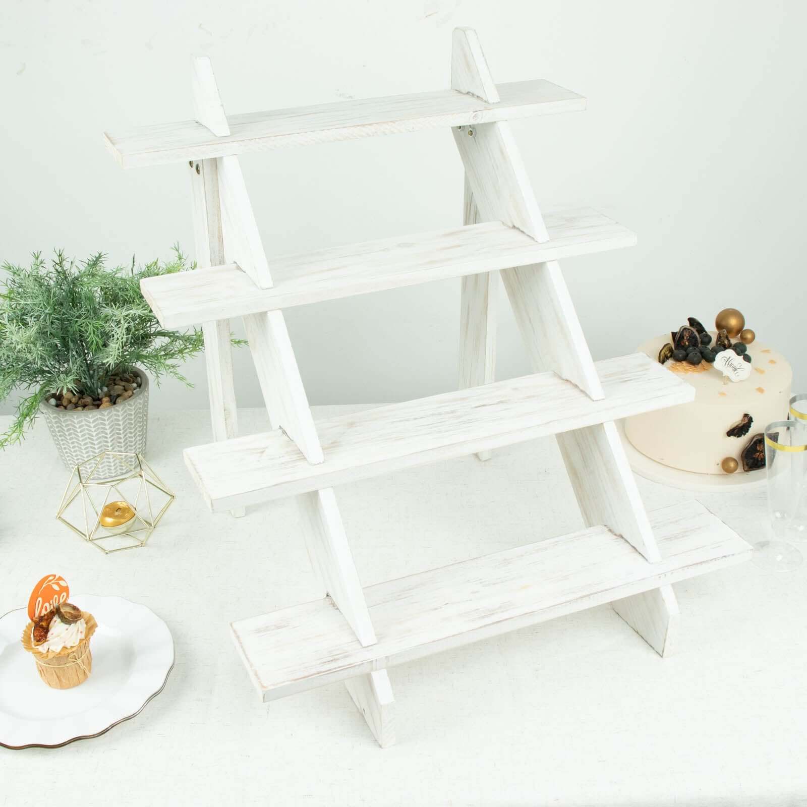 4-Tier Wooden Ladder Shelf Whitewashed Rustic Design - Cascading Stair Step Dessert Display Cupcake Holder 21"