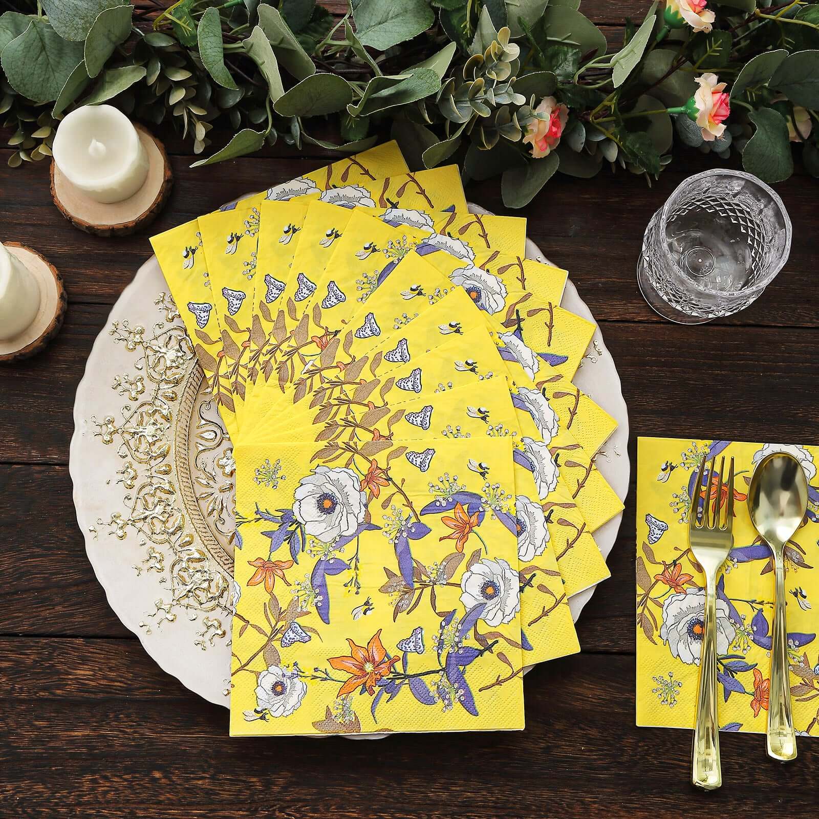 20-Pack Paper Beverage Napkins with Blooming Flowers Design Yellow - 2 Ply Soft 18GSM Floral Wedding Napkins 6.5"x6.5"
