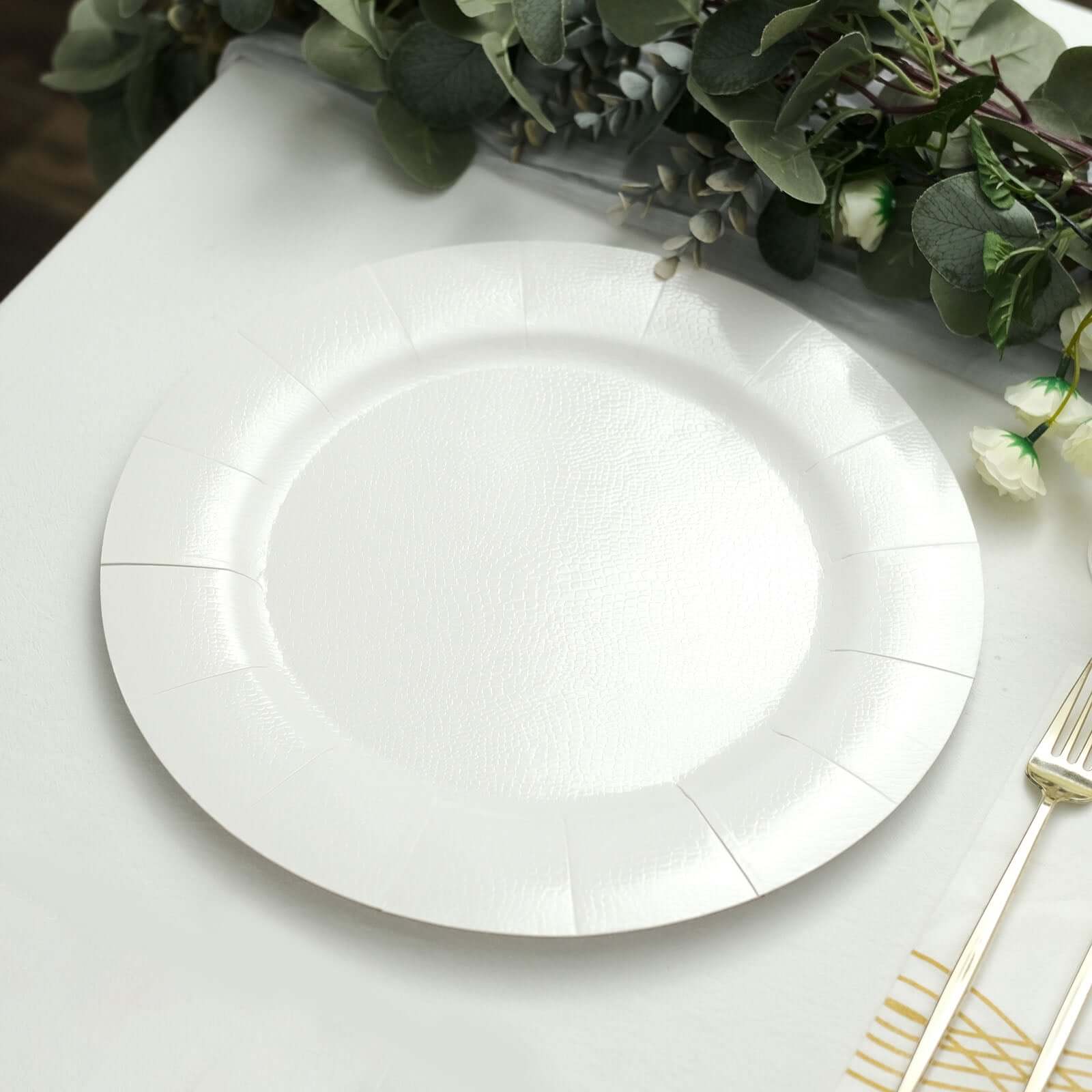 10-Pack Disposable Round Charger Plates in White with Leathery Texture - Durable 1100GSM Cardboard Placemats for Dinner Parties & Banquets 13"