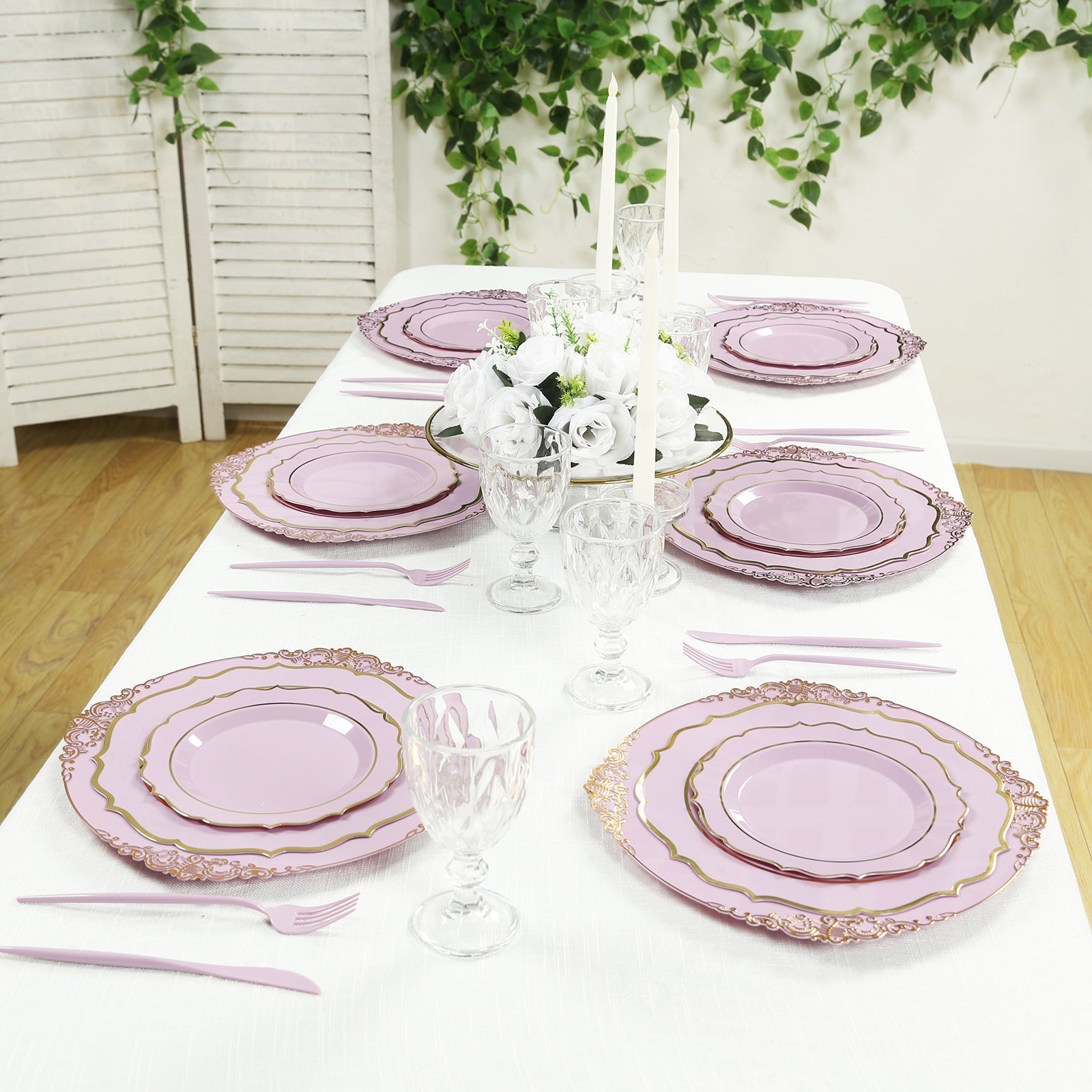 20-Pack Economy Plastic Round Charger Plates 13" in Lavender Lilac with Gold Embossed Baroque Rim, Stylish Dinner Party Serving Plates