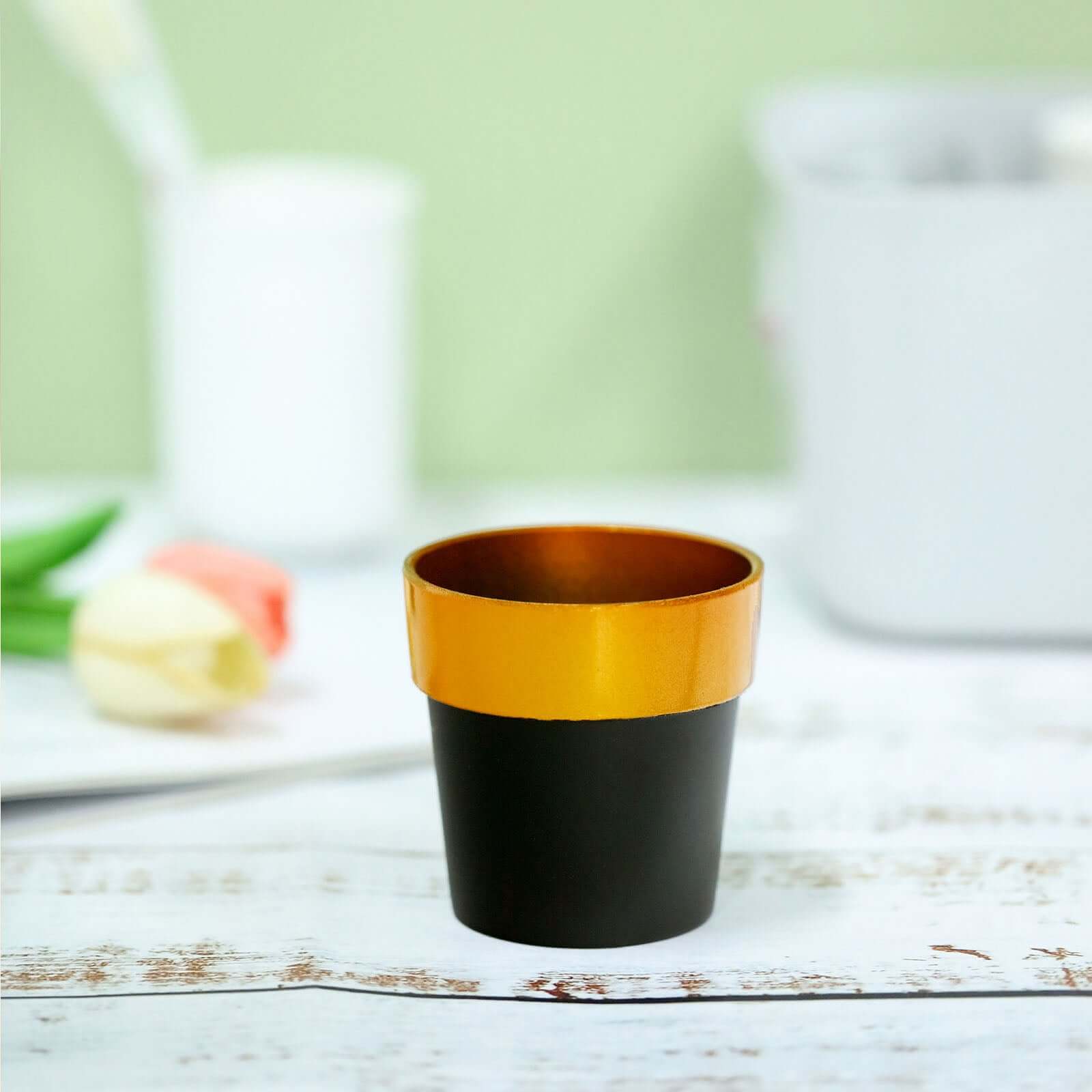 3-Pack Flower Plant Pots Small Design Black with Gold Rim - Plastic Indoor Decorative Planters 3"