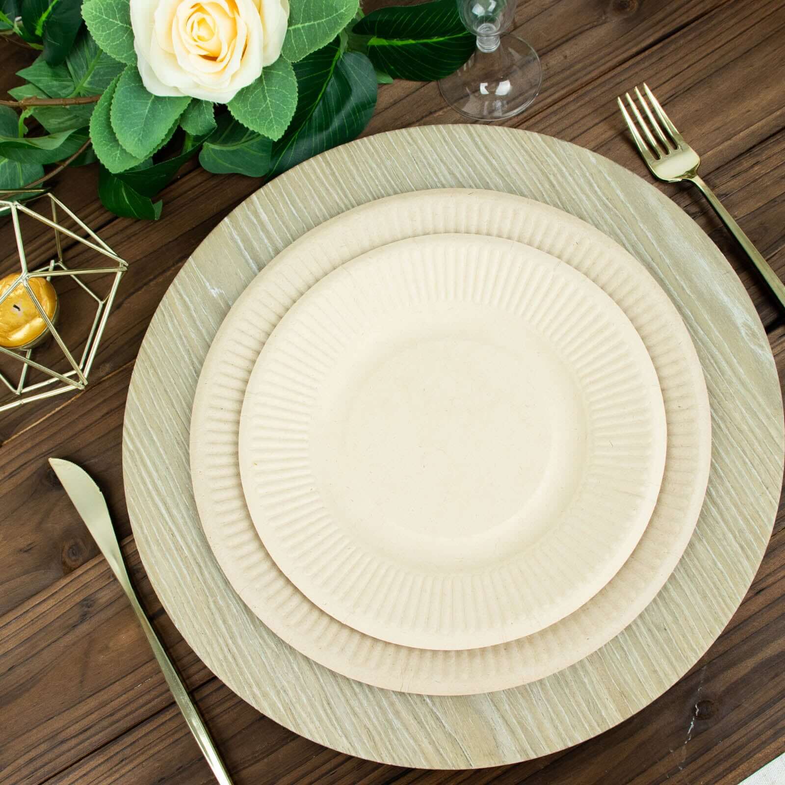 50-Pack Bagasse 8" Round Dessert Plates in Natural with Ribbed Rim