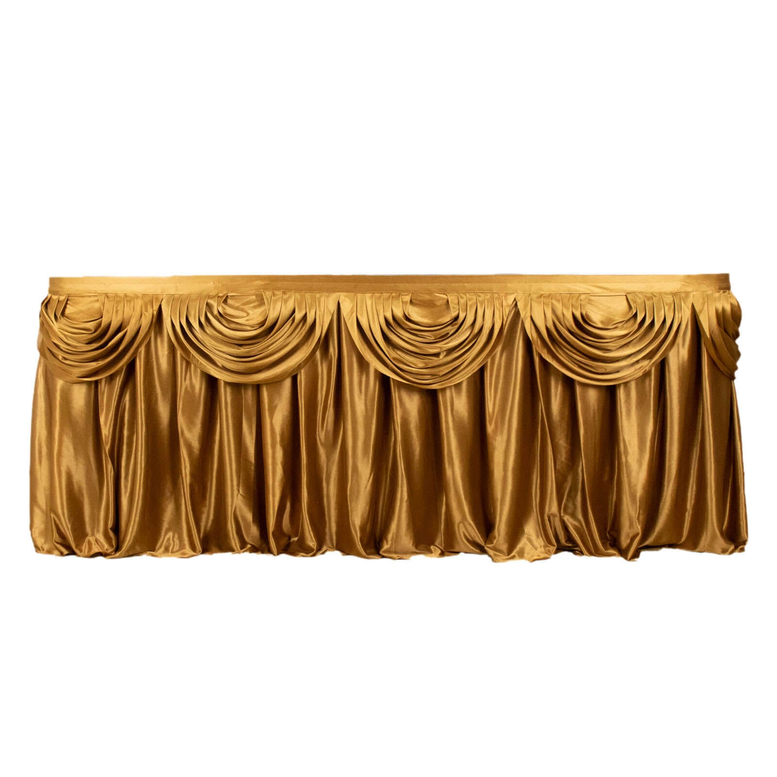 Satin 14ft Table Skirt Gold Pleated Double Drape Design - Soft & Graceful for Events