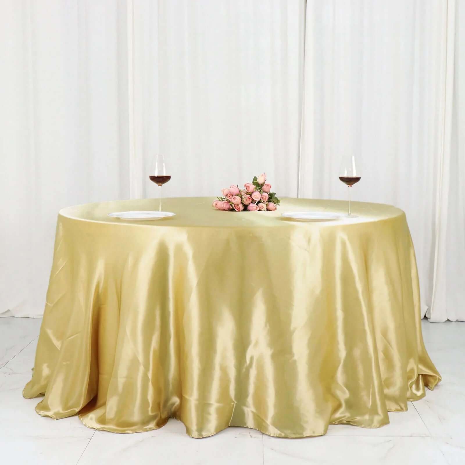 Satin 132" Round Tablecloth Champagne - Stylish Seamless Table Cover