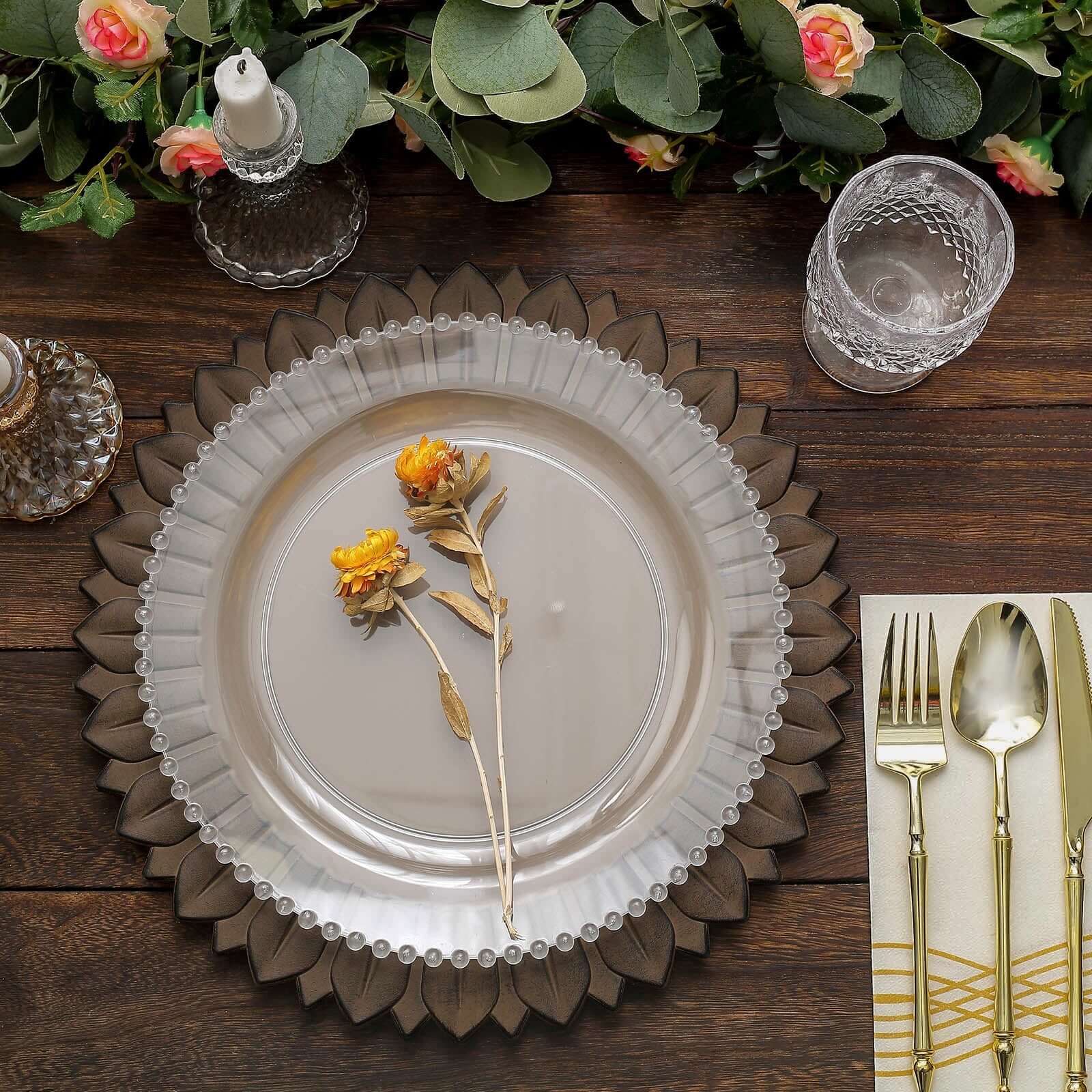 6-Pack Plastic Round Charger Plates 13" in Natural with Sunflower Rim, Matte Finish Disposable Dinner Charger Tableware