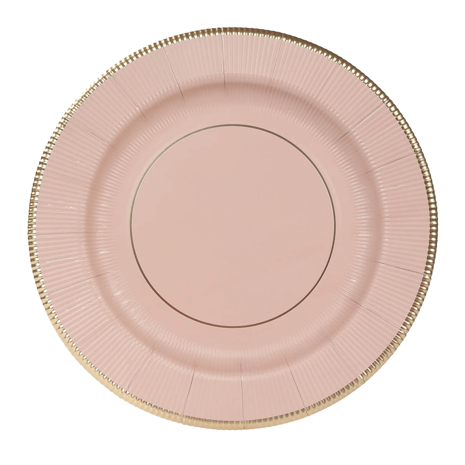 25-Pack Disposable Round Charger Plates in Dusty Rose Sunray Design with Gold Rim - 350GSM Heavy Duty Paper Chargers 13"