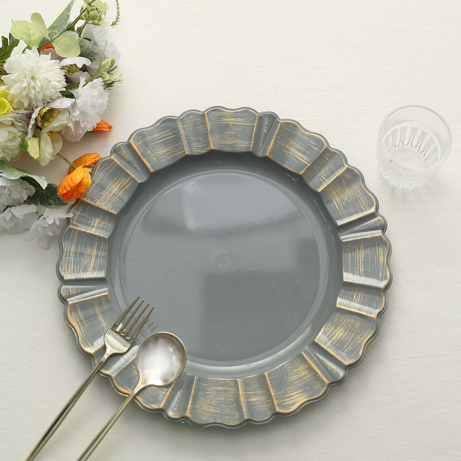 6-Pack Acrylic Plastic Round Charger Plates 13" in Charcoal Gray with Gold Brushed Wavy Scalloped Rim, Decorative Dinner Party Charger Tableware