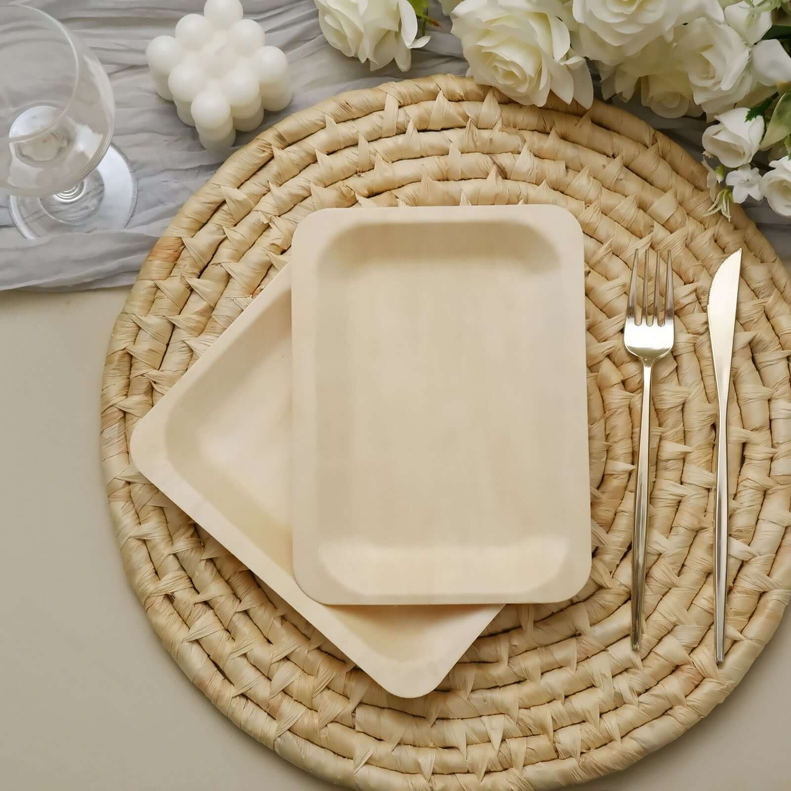 25-Pack Birchwood 5"x8" Rectangle Dessert Serving Plates - Natural Eco Friendly Wooden Disposable Plates for Farmhouse-Style Events, Parties & Gatherings
