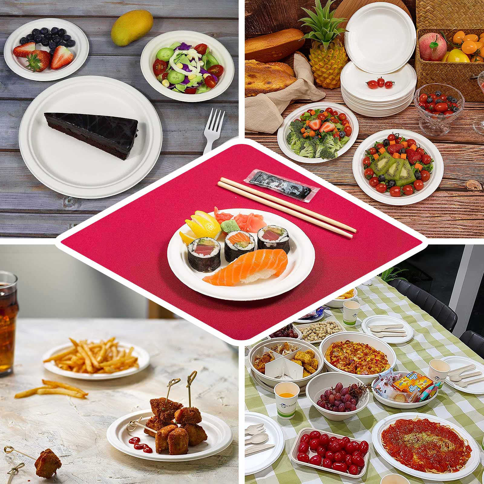 50-Pack Bagasse 7" Round Dessert Plates in White - Biodegradable Disposable Sugarcane Appetizer Salad Plates for Outdoor Celebrations & Picnics