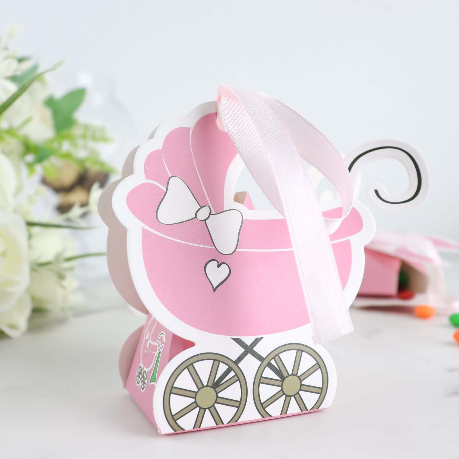 25 Pack Pink Baby Paper Stroller Party Favor Gift Boxes, Cardstock Carriage Candy Boxes with Ribbon Ties - 4.5"x2"x4"